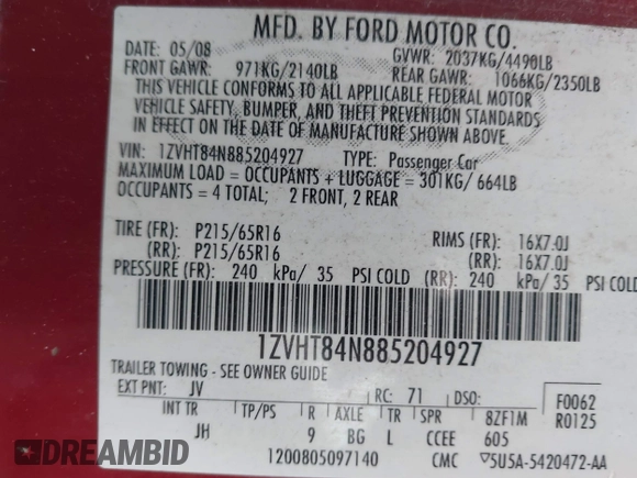 2008 Ford Mustang Deluxe with VIN 1ZVHT84N885204927, listed as a IAAI auction lot 41395944 with 144,892 mi miles and . Bid and sale history available at carsss.com. Image 9.