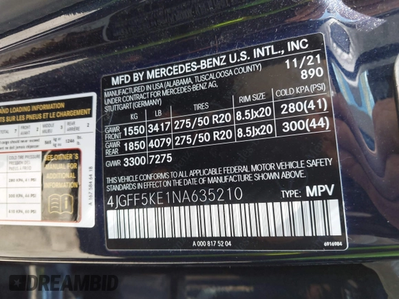 2022 Mercedes-Benz GLS 450 with VIN 4JGFF5KE1NA635210, listed as a IAAI auction lot 42369149 with 27,239 mi miles and . Bid and sale history available at DreamBid. Image 9.