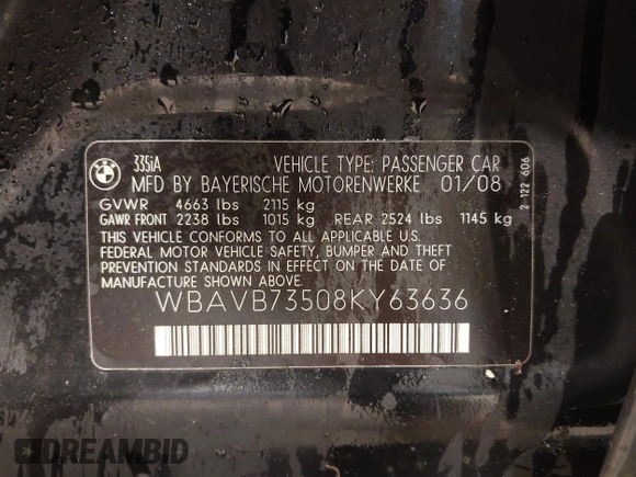 2008 BMW 3 Series 335i с VIN WBAVB73508KY63636, выставлен на аукционе IAAI как лот 42113280 с пробегом 132 419 миль миль и . История ставок и продаж доступна на DreamBid. Изображение 9.