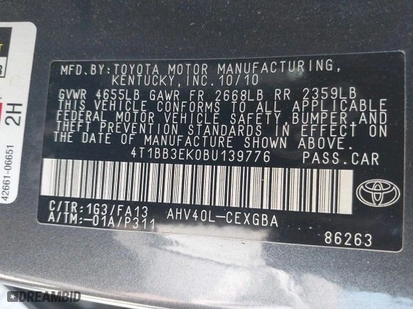 2011 Toyota Camry Hybrid with VIN 4T1BB3EK0BU139776, listed as a IAAI auction lot 42096254 with 222,497 mi miles. Bid and sale history available at carsss.com. Image 9.