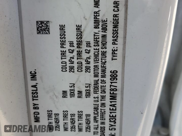 2021 Tesla Model 3 Standard Range Plus with VIN 5YJ3E1EA1MF871986, listed as a Copart auction lot 53389475 with Not Provided miles and Salvage Title. Bid and sale history available at DreamBid. Image 13.