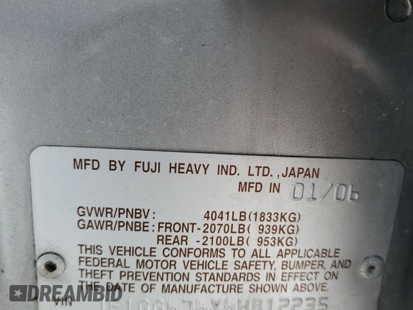 2006 Subaru Impreza i z VIN JF1GG676X6H812235, wystawiony jako Copart lot #43027875 z przebiegiem 133 354 mil mil oraz Szkoda całkowita • Salvage title. Historia ofert i sprzedaży dostępna na DreamBid. Obrazek 13.
