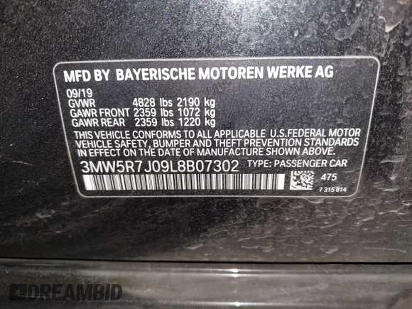 2020 BMW 3 Series 330i xDrive with VIN 3MW5R7J09L8B07302, listed as a IAAI auction lot 42592023 with 60,724 mi miles and . Bid and sale history available at DreamBid. Image 9.