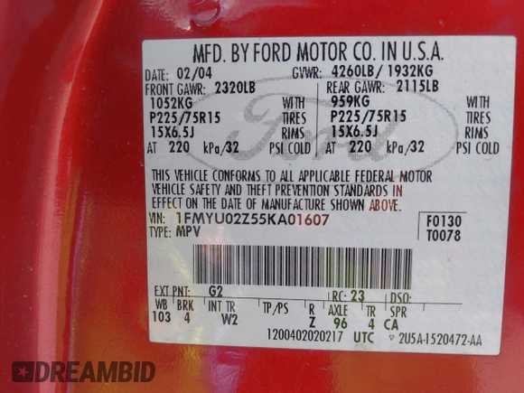 2005 Ford Escape XLS Value с VIN 1FMYU02Z55KA01607, выставлен на аукционе IAAI как лот 42634052 с пробегом 151 193 миль миль и . История ставок и продаж доступна на DreamBid. Изображение 9.