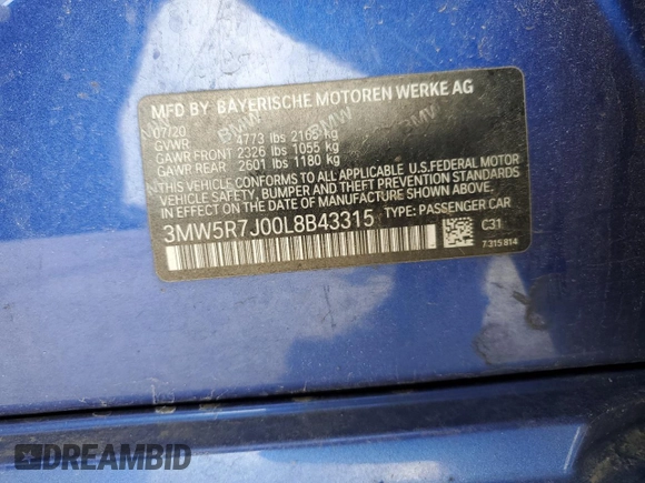2020 BMW 3 Series 330i xDrive with VIN 3MW5R7J00L8B43315, listed as a Copart auction lot 50133205 with 59,520 mi miles and Salvage Title. Bid and sale history available at carsss.com. Image 12.