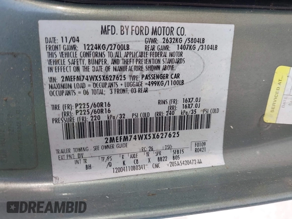 2005 Mercury Grand Marquis GS with VIN 2MEFM74WX5X627625, listed as a IAAI auction lot 41982651 with 87,044 mi miles and . Bid and sale history available at DreamBid. Image 9.