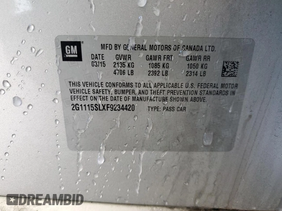 2015 Chevrolet Impala LT with VIN 2G1115SLXF9234420, listed as a Copart auction lot 41874655 with 130,669 mi miles and Salvage Title. Bid and sale history available at DreamBid. Image 12.