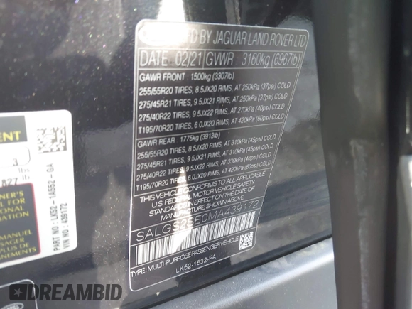 2021 Land Rover Range Rover P525 Westminster z VIN SALGS2SE0MA439172, wystawiony jako IAAI lot #42186748 z przebiegiem 22 326 mil mil oraz . Historia ofert i sprzedaży dostępna na DreamBid. Obrazek 9.