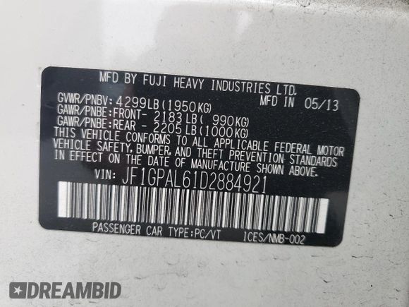 2013 Subaru Impreza Special Sports Premium z VIN JF1GPAL61D2884921, wystawiony jako Copart lot #58671975 z przebiegiem 165 520 mil mil oraz Szkoda całkowita • Salvage title. Historia ofert i sprzedaży dostępna na DreamBid. Obrazek 12.