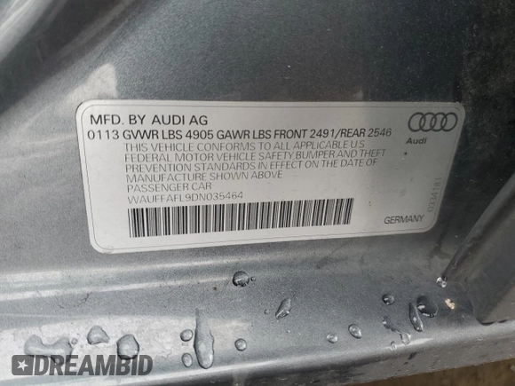 2013 Audi A4 Premium Plus with VIN WAUFFAFL9DN035464, listed as a Copart auction lot 49274865 with 78,274 mi miles and Salvage Title. Bid and sale history available at carsss.com. Image 14.