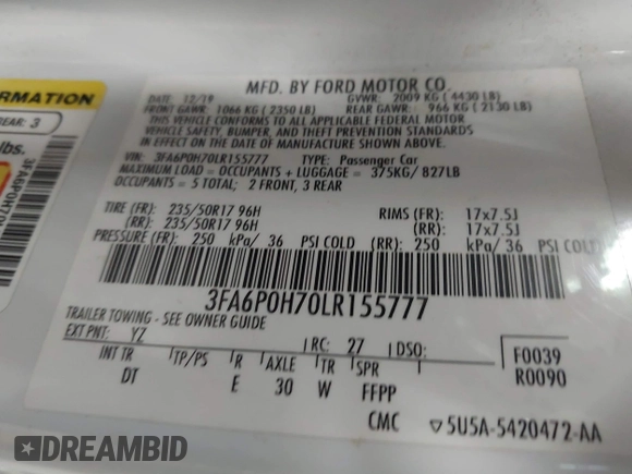 2020 Ford Fusion SE with VIN 3FA6P0H70LR155777, listed as a IAAI auction lot 41719123 with 61,531 mi miles. Bid and sale history available at carsss.com. Image 9.