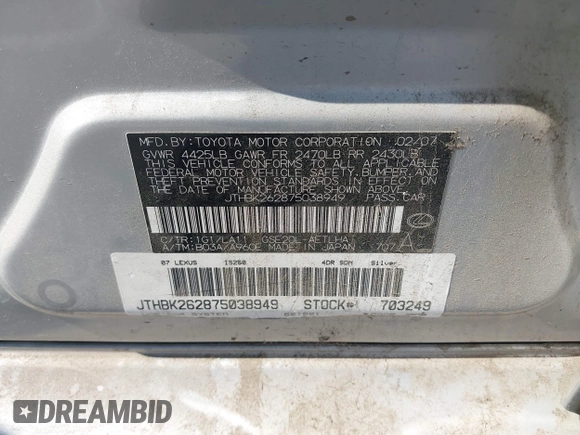 2007 Lexus IS 250 with VIN JTHBK262875038949, listed as a IAAI auction lot 42736588 with 131,160 mi miles and . Bid and sale history available at DreamBid. Image 9.