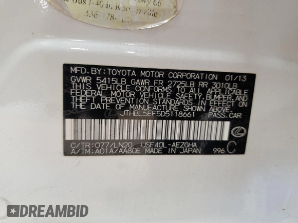 2013 Lexus LS 460 with VIN JTHBL5EF5D5118661, listed as a Copart auction lot 52514565 with Not provided miles and Salvage title. Bid and sale history available at DreamBid. Image 15.