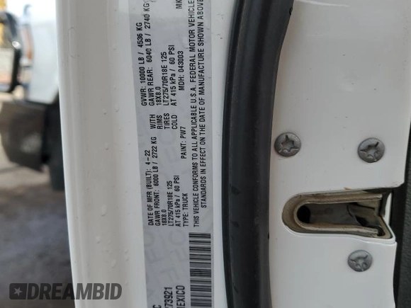 2022 Ram 2500 Tradesman with VIN 3C6UR5HL7NG273921, listed as a Copart auction lot 84812174 with 33,986 mi miles and Clean title. Bid and sale history available at DreamBid. Image 12.