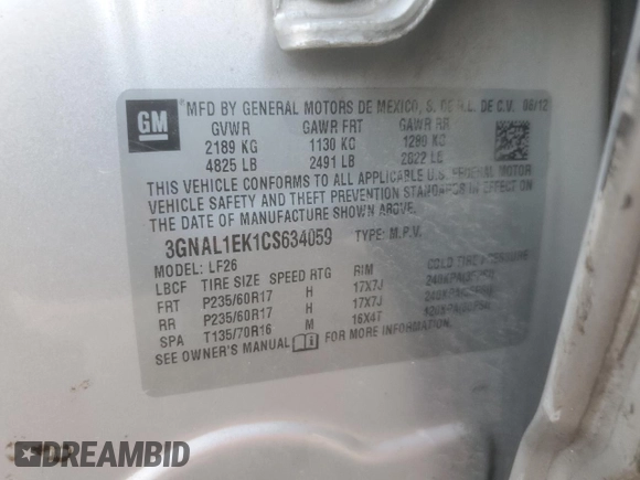 2012 Chevrolet Captiva Sport 1LS with VIN 3GNAL1EK1CS634059, listed as a Copart auction lot 73372154 with Not Provided miles and Non Repairable. Bid and sale history available at DreamBid. Image 15.