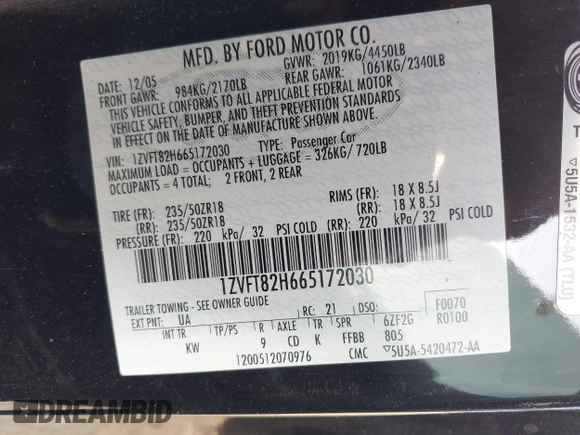 2006 Ford Mustang GT Deluxe with VIN 1ZVFT82H665172030, listed as a IAAI auction lot 41647093 with Not Provided miles and . Bid and sale history available at carsss.com. Image 9.