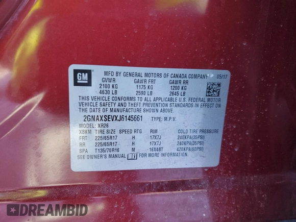 2018 Chevrolet Equinox LT with VIN 2GNAXSEVXJ6145661, listed as a Copart auction lot 45454325 with 92,268 mi miles and Salvage Title. Bid and sale history available at DreamBid. Image 15.