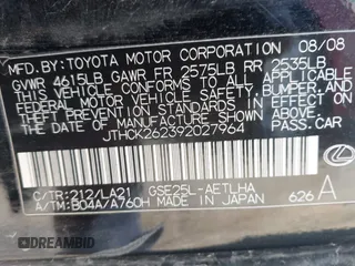 2009 Lexus IS 250 z VIN JTHCK262392027964, wystawiony jako IAAI lot #42110489 z przebiegiem 264 160 mil mil oraz . Historia ofert i sprzedaży dostępna na DreamBid. Obrazek 9.