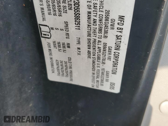 2005 Saturn VUE with VIN 5GZCZ23D55S862511, listed as a Copart auction lot 57462034 with 163,237 mi miles and Non Repairable. Bid and sale history available at DreamBid. Image 12.