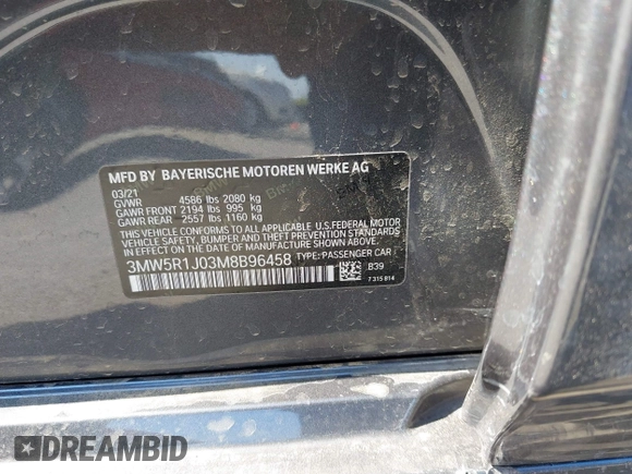 2021 BMW 3 Series 330i с VIN 3MW5R1J03M8B96458, выставлен на аукционе IAAI как лот 42355921 с пробегом Не указан миль и . История ставок и продаж доступна на DreamBid. Изображение 9.