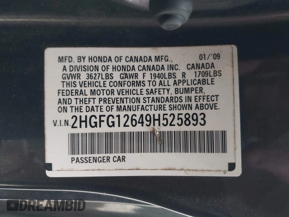 2009 Honda Civic Cpe LX with VIN 2HGFG12649H525893, listed as a IAAI auction lot 41562520 with 265,157 mi miles. Bid and sale history available at carsss.com. Image 9.