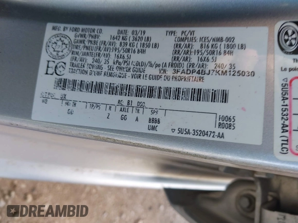 2019 Ford Fiesta SE with VIN 3FADP4BJ7KM125030, listed as a IAAI auction lot 41811238 with 52,279 mi miles. Bid and sale history available at carsss.com. Image 9.