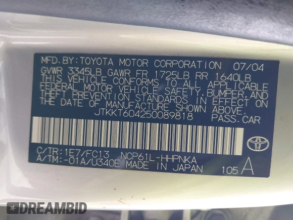 2005 Scion xA z VIN JTKKT604250089818, wystawiony jako IAAI lot #41983968 z przebiegiem 115 867 mil mil oraz . Historia ofert i sprzedaży dostępna na DreamBid. Obrazek 9.