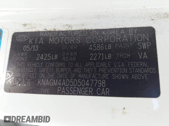 2013 Kia Optima EX with VIN KNAGM4AD5D5047798, listed as a IAAI auction lot 42473691 with 44,069 mi miles and . Bid and sale history available at DreamBid. Image 9.
