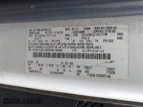 2015 Ford Transit XL с VIN 1FBZX2CM9FKB12990, выставлен на аукционе IAAI как лот 42280597 с пробегом 292 057 миль миль и . История ставок и продаж доступна на DreamBid. Изображение 9.