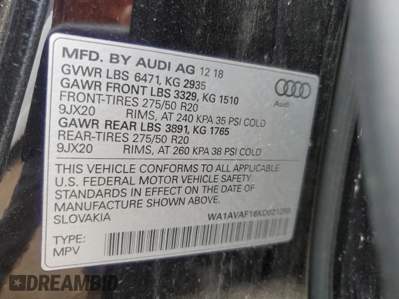 2019 Audi Q8 Premium с VIN WA1AVAF16KD021288, выставлен на аукционе Copart как лот 56593805 с пробегом 42 169 миль миль и Списание • Salvage title. История ставок и продаж доступна на DreamBid. Изображение 12.