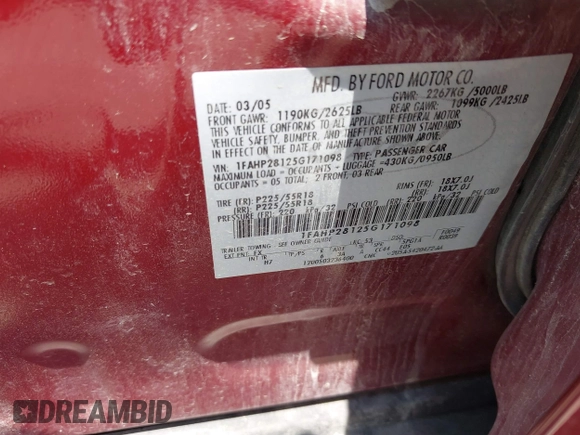 2005 Ford Five Hundred Limited with VIN 1FAHP28125G171098, listed as a IAAI auction lot 42646989 with Not provided miles and . Bid and sale history available at DreamBid. Image 9.