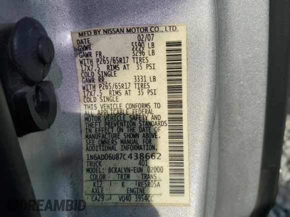 2007 Nissan Frontier SE with VIN 1N6AD06U87C438662, listed as a Copart auction lot 64315545 with 197,128 mi miles and Salvage title. Bid and sale history available at DreamBid. Image 12.