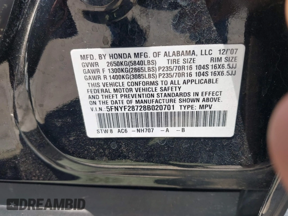 2008 Honda Pilot EX-L with VIN 5FNYF28728B020701, listed as a IAAI auction lot 42551294 with 136,860 mi miles and . Bid and sale history available at DreamBid. Image 9.