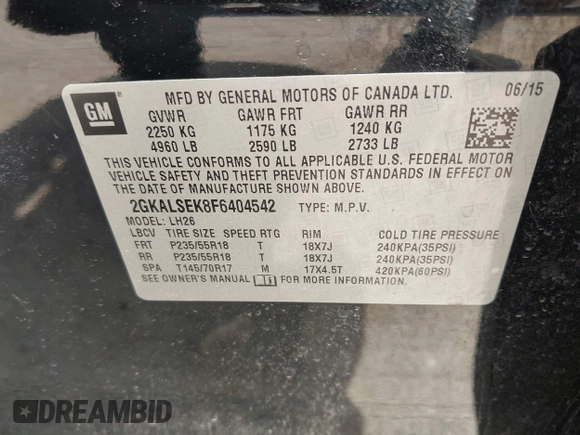 2015 GMC Terrain SLT with VIN 2GKALSEK8F6404542, listed as a IAAI auction lot 42508272 with 110,031 mi miles and . Bid and sale history available at DreamBid. Image 9.