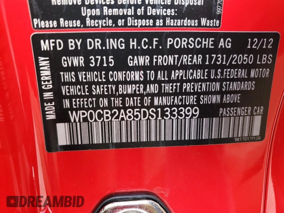 2013 Porsche Boxster S with VIN WP0CB2A85DS133399, listed as a Copart auction lot 79243854 with 67,025 mi miles and Salvage Title. Bid and sale history available at carsss.com. Image 13.