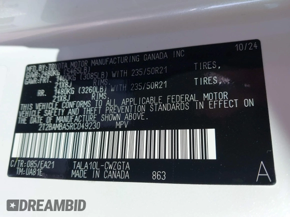 2024 Lexus RX 350 with VIN 2T2BAMBA5RC049230, listed as a IAAI auction lot 41759115 with 4,990 mi miles and . Bid and sale history available at DreamBid. Image 9.