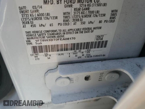 2015 Ford F-350 Platinum with VIN 1FT8W3BT0FEA08170, listed as a Copart auction lot 59185425 with Not provided miles and Salvage title. Bid and sale history available at DreamBid. Image 12.