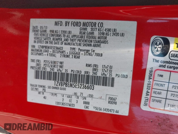 2014 Ford Mustang V6 with VIN 1ZVBP8EM5E5236603, listed as a IAAI auction lot 42355551 with 100,617 mi miles and . Bid and sale history available at DreamBid. Image 9.