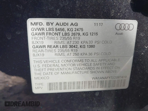 2018 Audi Q5 Premium with VIN WA1ANAFY7J2087419, listed as a IAAI auction lot 41931235 with 73,199 mi miles. Bid and sale history available at carsss.com. Image 9.