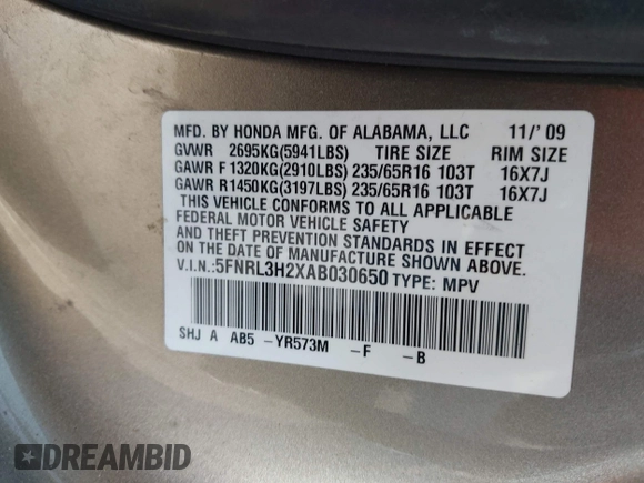 2010 Honda Odyssey LX with VIN 5FNRL3H2XAB030650, listed as a IAAI auction lot 42386287 with 146,161 mi miles and . Bid and sale history available at DreamBid. Image 9.