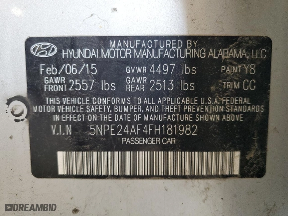 2015 Hyundai Sonata 2.4L SE with VIN 5NPE24AF4FH181982, listed as a Copart auction lot 50905925 with 137,043 mi miles and Salvage Title. Bid and sale history available at carsss.com. Image 15.