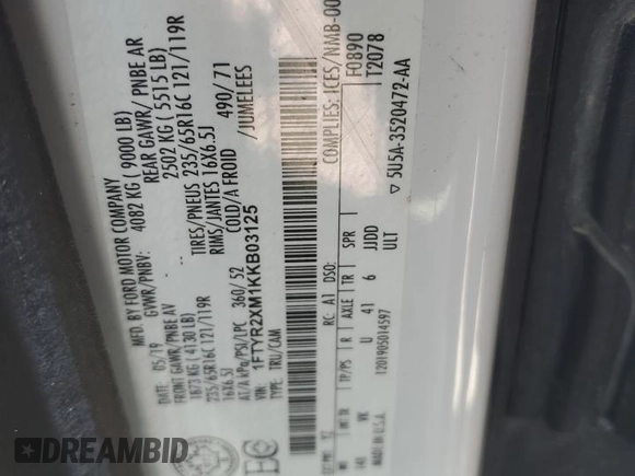 2019 Ford Transit with VIN 1FTYR2XM1KKB03125, listed as a Copart auction lot 58087725 with 101,129 mi miles and Clean title. Bid and sale history available at DreamBid. Image 13.