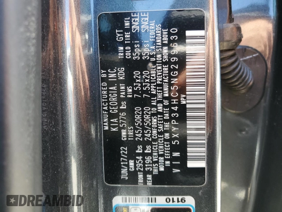2022 Kia Telluride EX with VIN 5XYP34HC5NG299630, listed as a Copart auction lot 55472225 with 33,322 mi miles and Salvage title. Bid and sale history available at DreamBid. Image 13.
