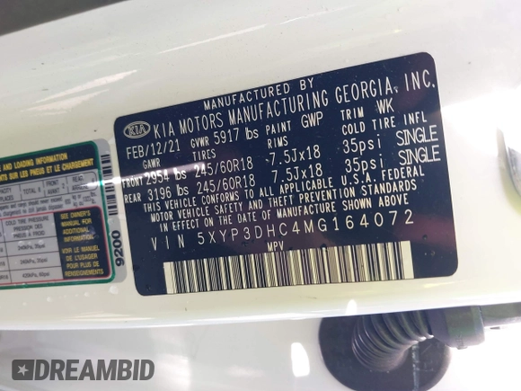 2021 Kia Telluride EX with VIN 5XYP3DHC4MG164072, listed as a IAAI auction lot 39796981 with Not Provided miles and . Bid and sale history available at DreamBid. Image 9.