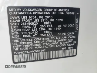 2021 Volkswagen Atlas SE с VIN 1V2PR2CA0MC594662, выставлен на аукционе Copart как лот 44534395 с пробегом Не указан миль и На запчасти • Non repairable. История ставок и продаж доступна на DreamBid. Изображение 13.