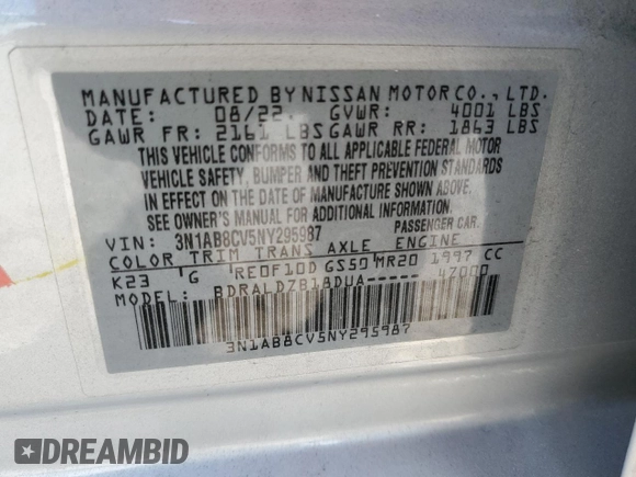 2022 Nissan Sentra SV with VIN 3N1AB8CV5NY295987, listed as a Copart auction lot 53198265 with Not Provided miles and Non Repairable. Bid and sale history available at carsss.com. Image 12.