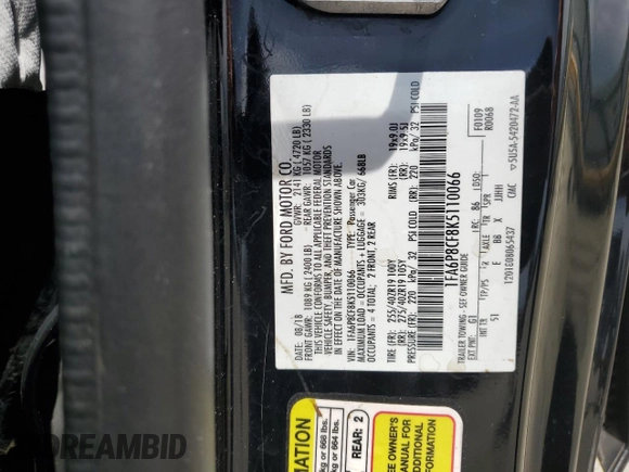 2019 Ford Mustang GT z VIN 1FA6P8CF8K5110066, wystawiony jako Copart lot #66397094 z przebiegiem Nie podano mil oraz Nie do naprawy. Historia ofert i sprzedaży dostępna na DreamBid. Obrazek 13.