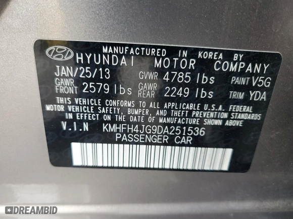 2013 Hyundai Azera with VIN KMHFH4JG9DA251536, listed as a Copart auction lot 49265885 with 98,580 mi miles and Salvage Title. Bid and sale history available at carsss.com. Image 12.