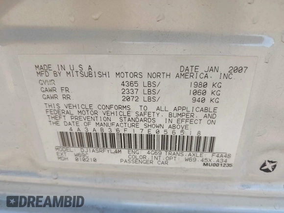 2007 Mitsubishi Galant ES z VIN 4A3AB36F17E056518, wystawiony jako IAAI lot #41824609 z przebiegiem 194 314 mil mil oraz . Historia ofert i sprzedaży dostępna na DreamBid. Obrazek 9.