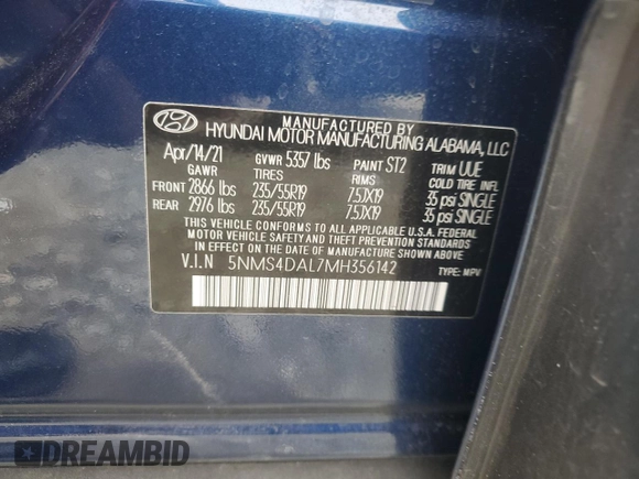 2021 Hyundai Santa Fe Limited with VIN 5NMS4DAL7MH356142, listed as a Copart auction lot 88203055 with 48,809 mi miles and Salvage Title. Bid and sale history available at carsss.com. Image 13.